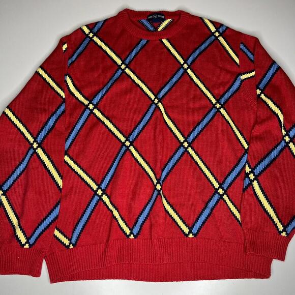Vintage Alan Flusser Sweater Men’s L Red Knit Pullover 90s Geometric Argyle Patt - Picture 1 of 5